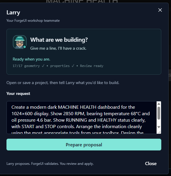 Larry's original workshop request showing the machine health dashboard brief